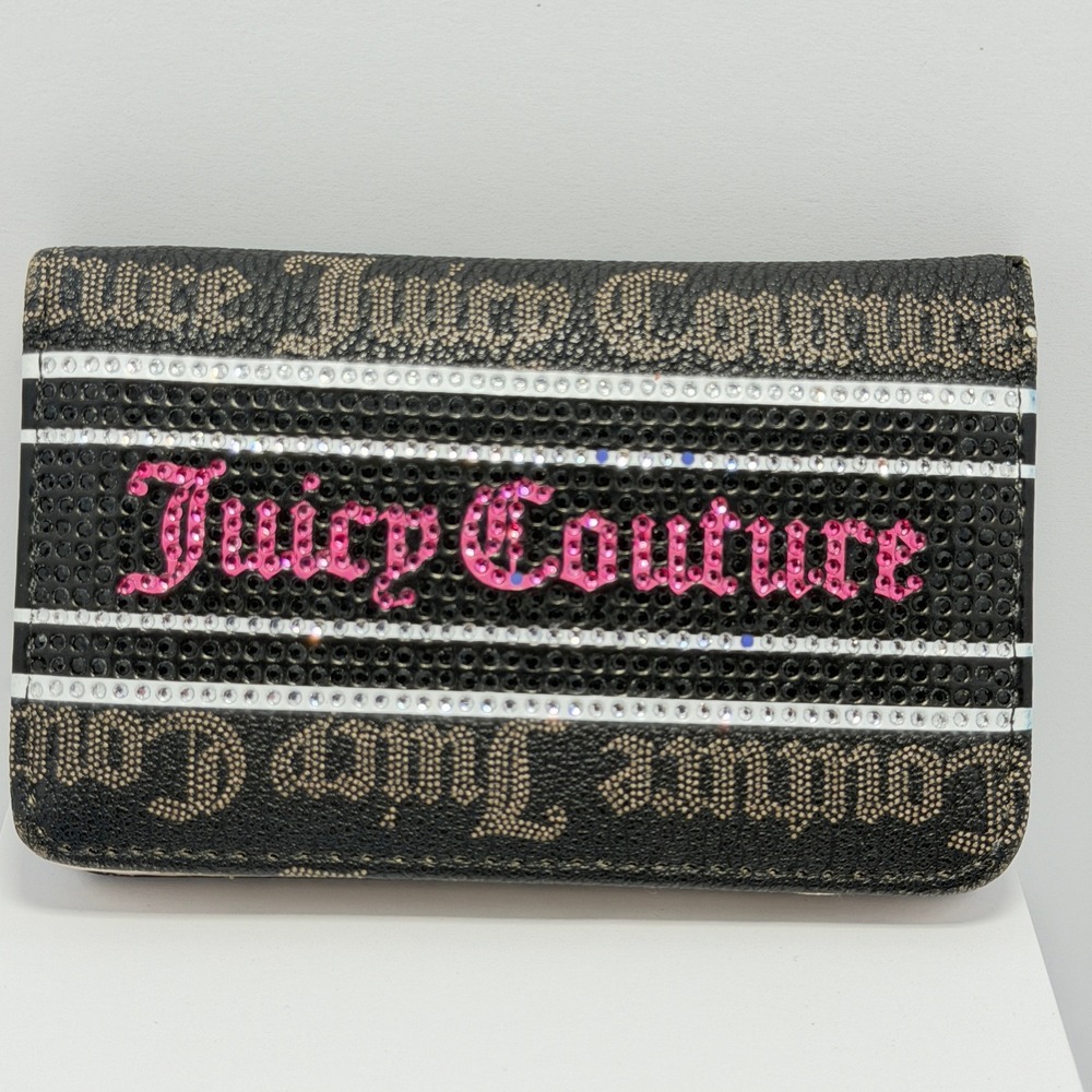 Juicy Couture Bifold Wallet Womens Black Pink Rhinestone Logo Monogram Y2K Style
